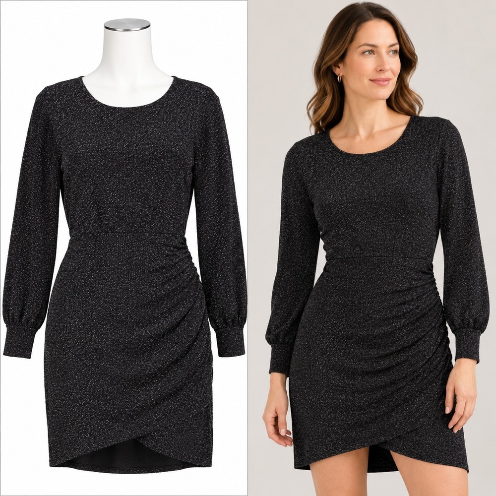 The Kooples Dress Women 1 XS Black Glitter Ruched Side Long Sleeve Metallic Mini